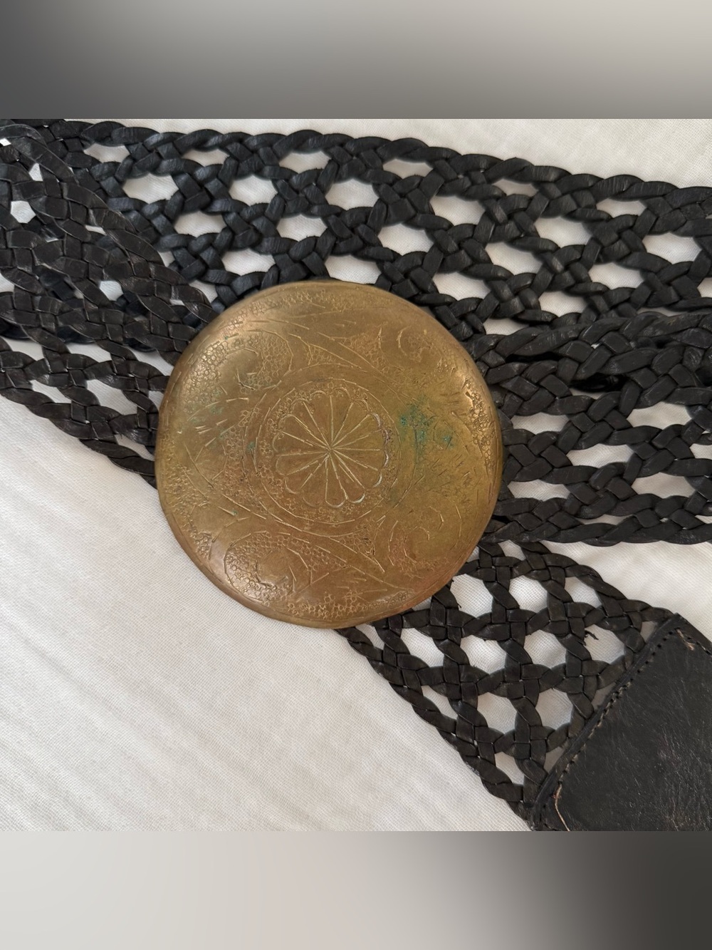 Vintage Braided Moroccan Leather Belt Brass Buckle Boho 70s